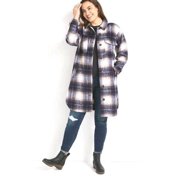 Maurices Wool Shacket Midi Fuzzy Plaid Button Down Flannel Jacket Size Medium - Picture 1 of 16